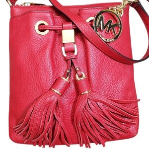Michael Kors Camden Red Gold Accents Pebble Leather Tassels Boho Crossbody Small